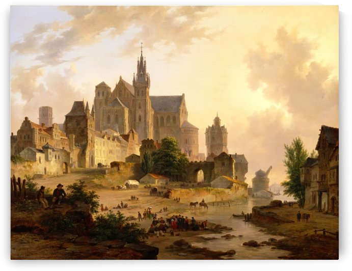 View of a city on the Rhine at sunset by Bartholomeus Johannes van Hove