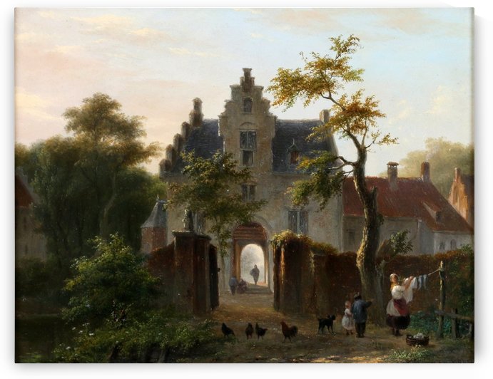 A woman hanging the wash in front of the gates by Bartholomeus Johannes van Hove