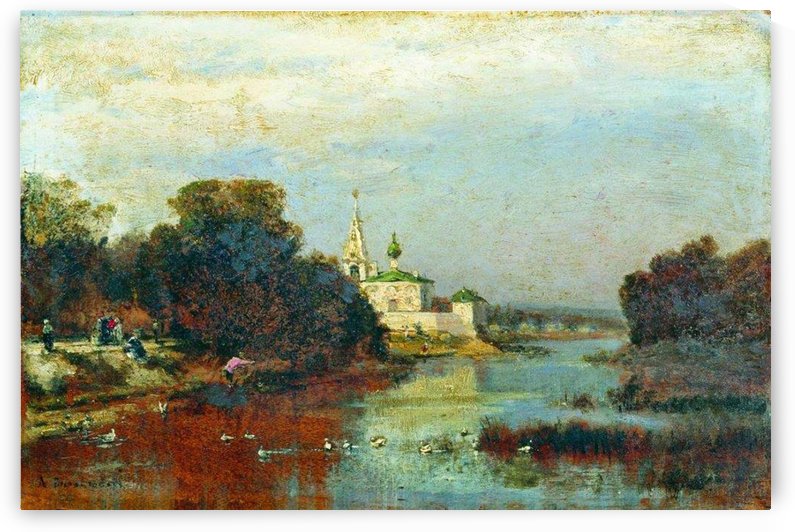 Landscape with a white stone church by Alexey Bogolyubov