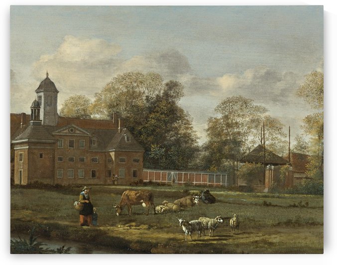 View of Goudestein with a woman and child walking beside river by Jan van der Heyden