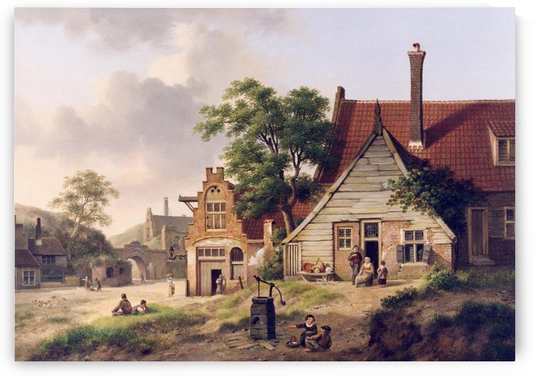 A Dutch Village Scene with Figures by Jan van der Heyden