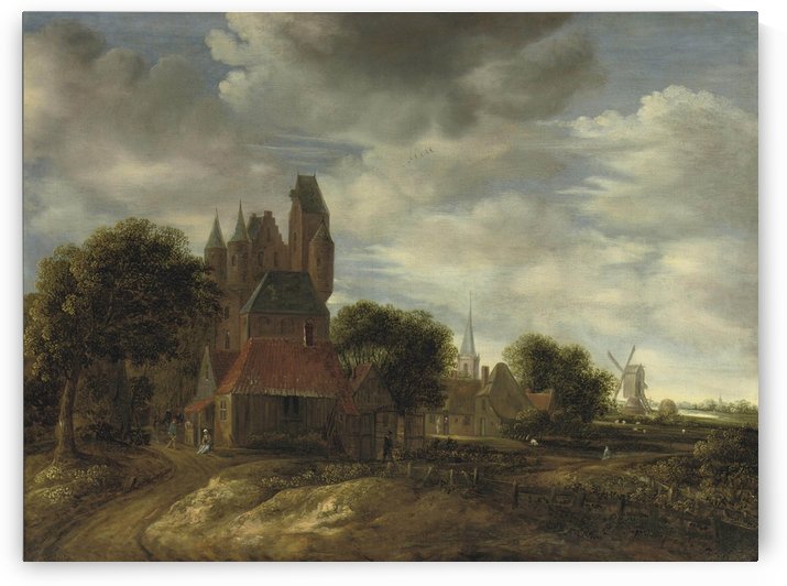 The outskirts of a Dutch town with cottages and castle by Jan van der Heyden