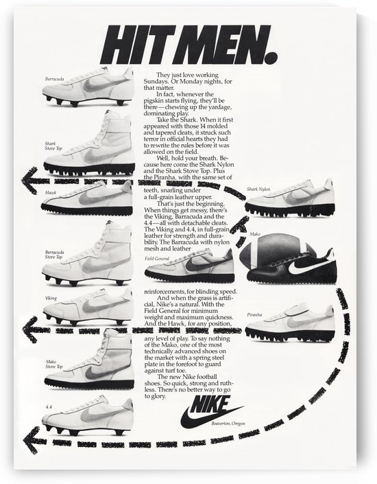 1982 Nike Hit Men Football Shoes Advertisement Print by Row One Brand