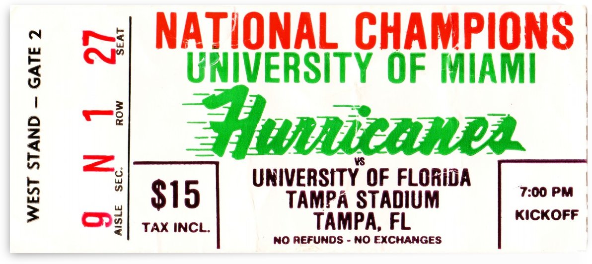 1984 Miami Hurricanes Football Ticket Art by Row One Brand