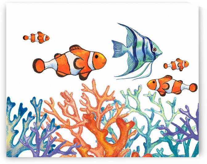 Angel Fish and Clown Fish In Coral Reef Watercolor  by Irina Sztukowski
