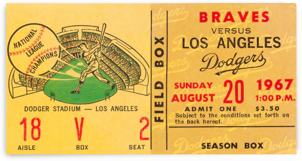 1967 LA Dodgers vs. Atlanta Braves Baseball Ticket Canvas by Row One Brand
