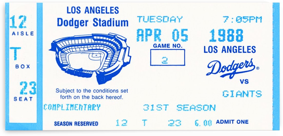1988 LA Dodgers vs. Giants Baseball Ticket Canvas  by Row One Brand