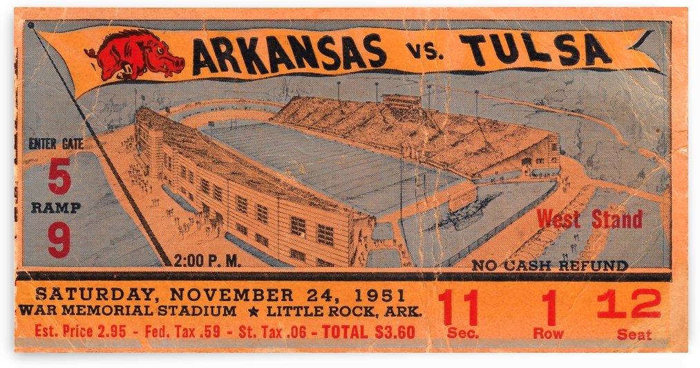 1951 Tulsa at Arkansas Football Ticket Wall Art by Row One Brand