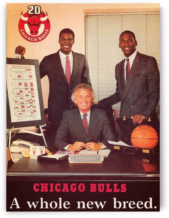 1985 chicago bulls michael jordan orlando woolridge retro sports posters by Row One Brand