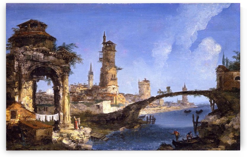 Capriccio with ruined arch, medieval tower and bridge by Michele Marieschi