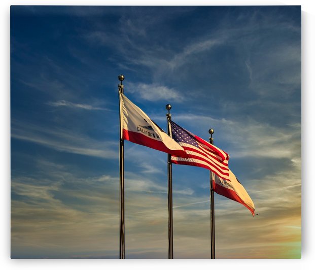 California and American Flags at Sunset by Darryl Brooks