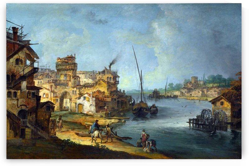 Buildings and Figures near a River with Shipping by Michele Marieschi