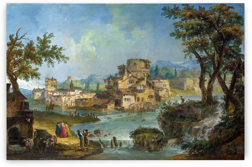 Buildings and Figures near a River with Rapids by Michele Marieschi