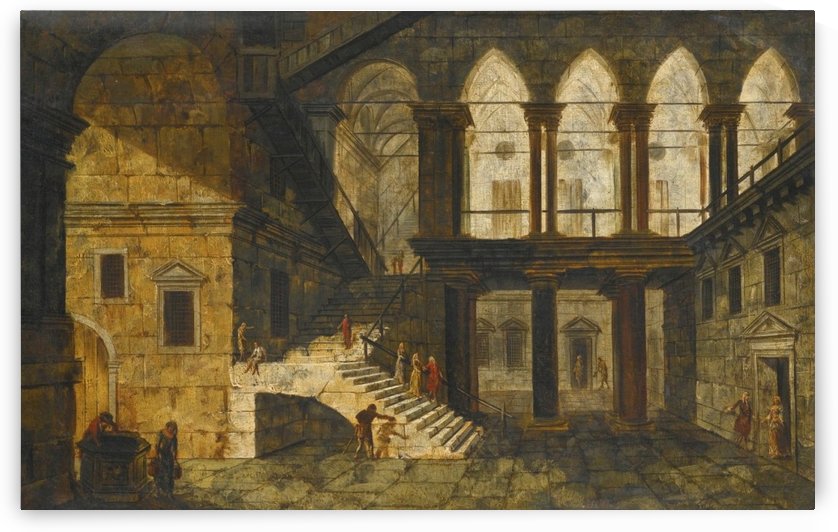 Architectural Fantasy with a Staircase in a Courtyard by Michele Marieschi