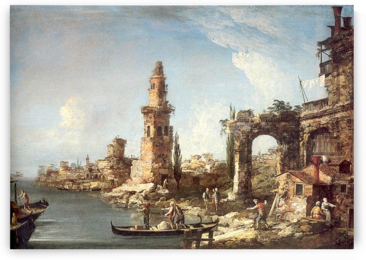 Capriccio with ships, ruins and tower by Michele Marieschi