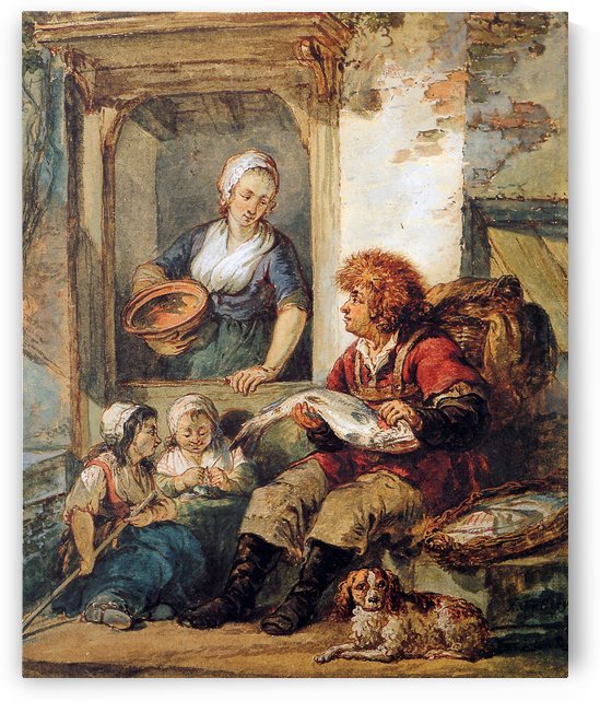 Fish salesman at woman and chidren by Abraham van Strij