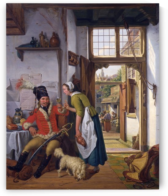 A soldier and a waitress in a tavern by Abraham van Strij