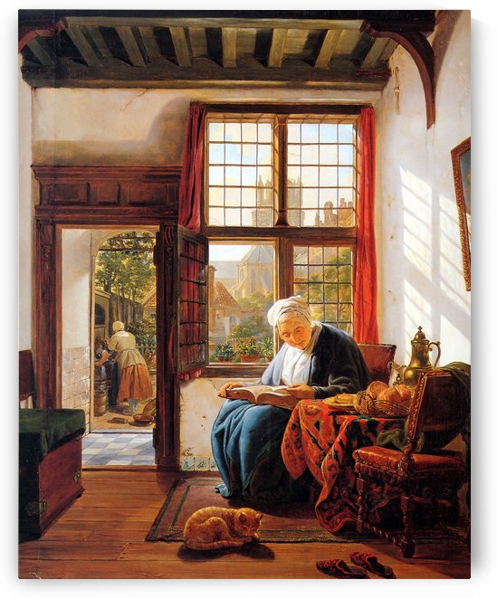 Reading old woman at window by Abraham van Strij