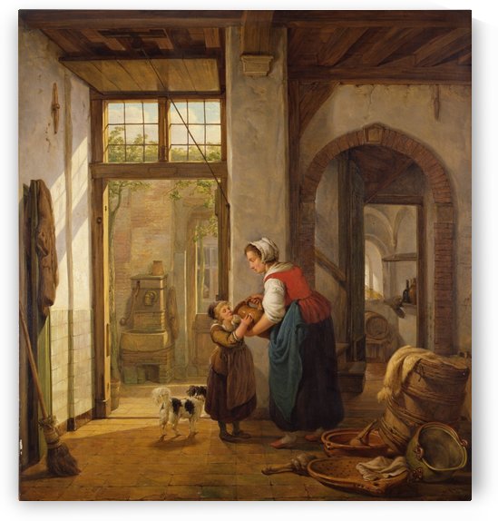 Binnenhuis met vrouw en kind by Abraham van Strij