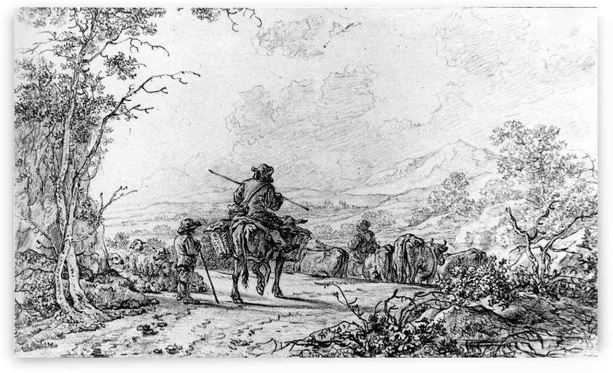 Herdsmen in landscape by Abraham van Strij