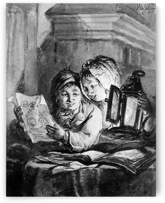 Boy and girl looking at drawings by Abraham van Strij