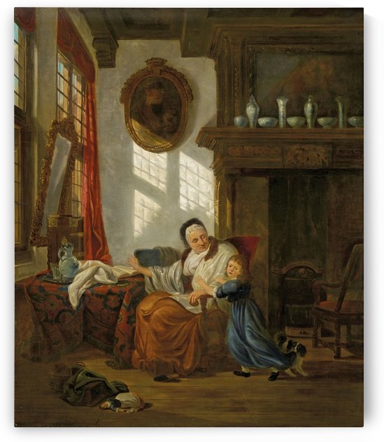 Interior with an old woman and her grandchild by Abraham van Strij