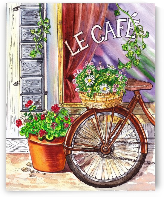 French Cafe And Bicycle With Basket by Irina Sztukowski