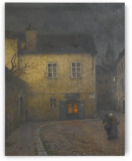 A couple on the street in the night by Jakub Schikaneder