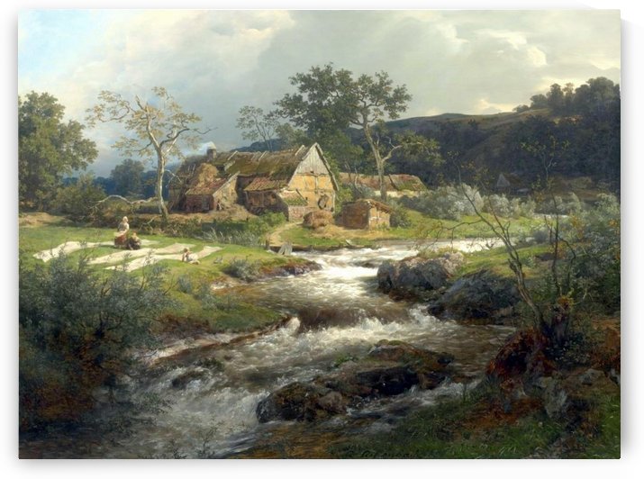 Landschaft mit Bauernhaus und Wildbach by Andreas Achenbach
