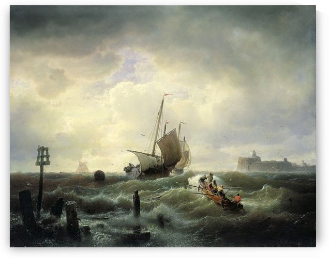 Boats in storm by Andreas Achenbach