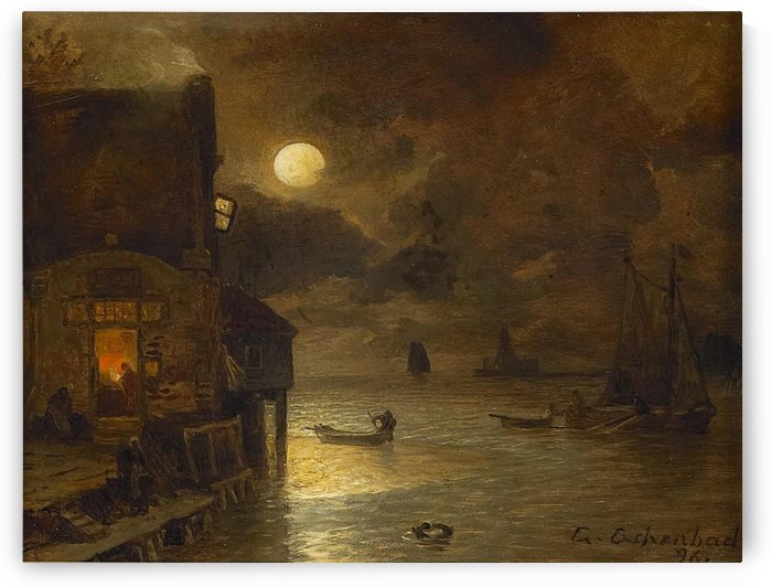 Full moon on the quay by Andreas Achenbach