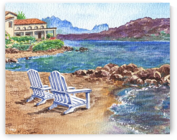 Two Chairs To Relax Beach Shore With Mountains  by Irina Sztukowski