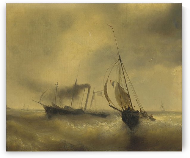 A paddle steamer passing a French fishing vessel in rough waters by Jean Antoine Theodore de Gudin