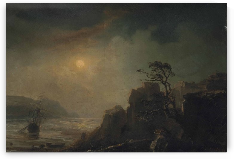 A fishing vessel in a moonlit bay by Jean Antoine Theodore de Gudin
