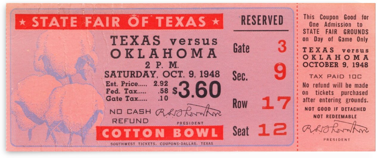 1948 Texas vs. Oklahoma Football Ticket Vintage Print by Row One Brand
