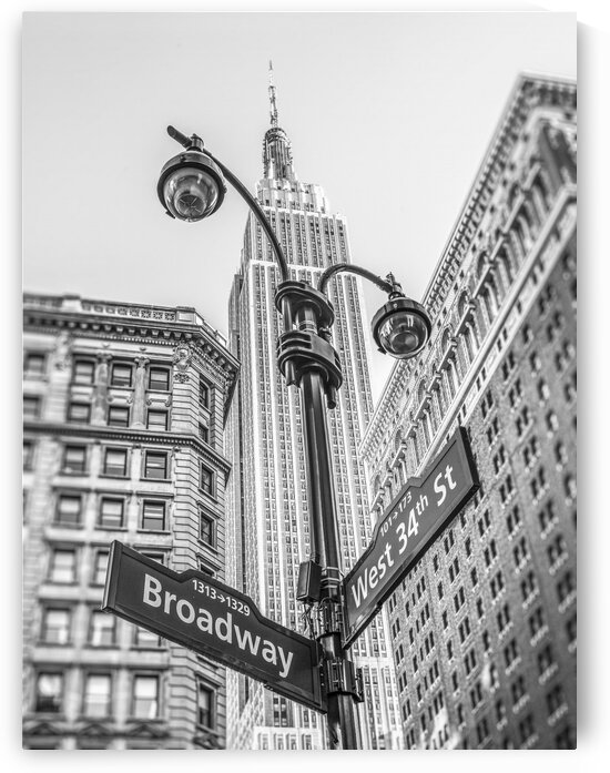 Street lamp and street signs with Empire State building in background - New York by Assaf Frank