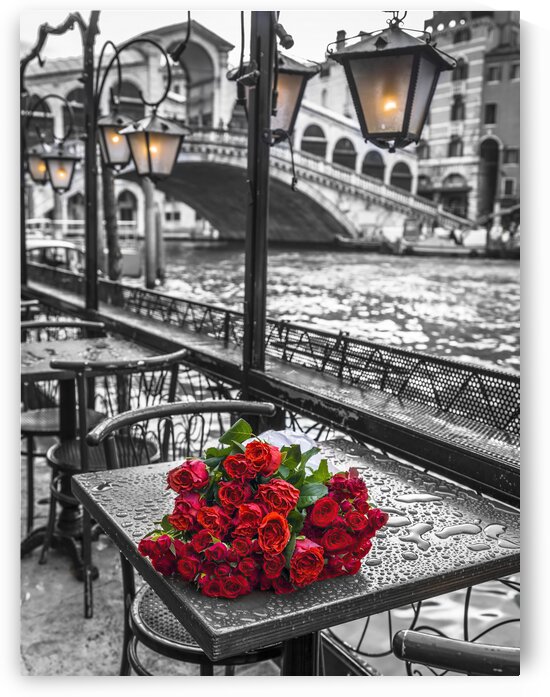 Bunch of red roses on street cafe table, Rialto Bridge, Venice, Italy by Assaf Frank