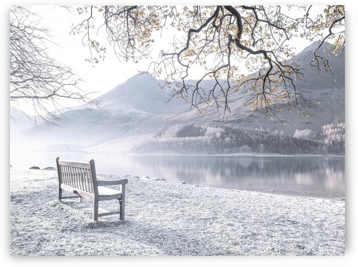 Bench and still lake, Buttermere, Lake District, UK by Assaf Frank