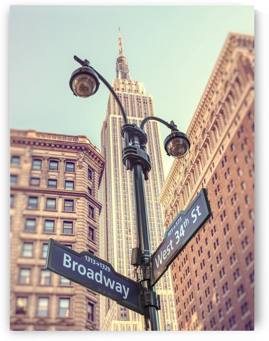 Street lamp and street signs with Empire State building in background - New York by Assaf Frank