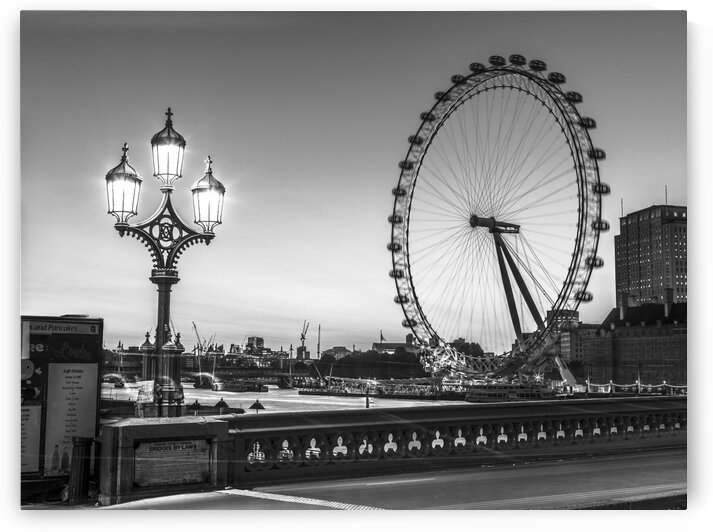 Street lamp on Westminster Bridge with London Eye in background, London, UK by Assaf Frank