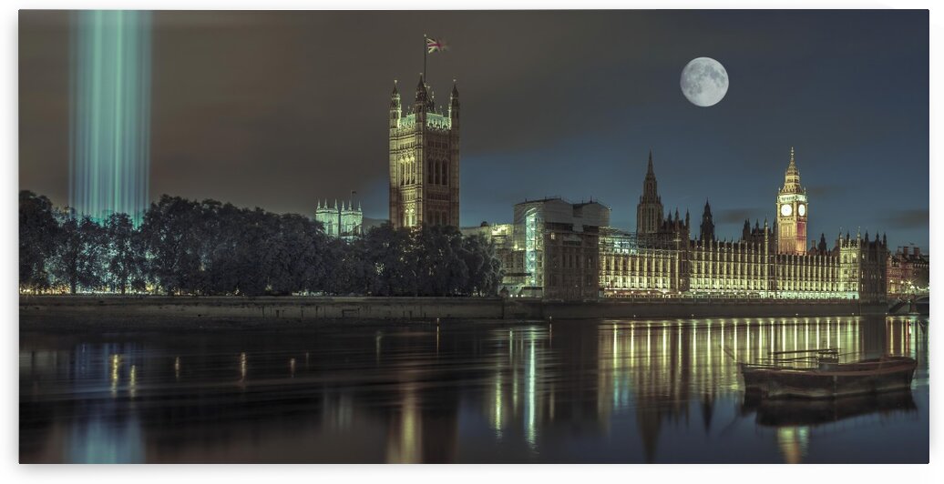 Column of spectra lights with Westminster Abby, London, UK by Assaf Frank