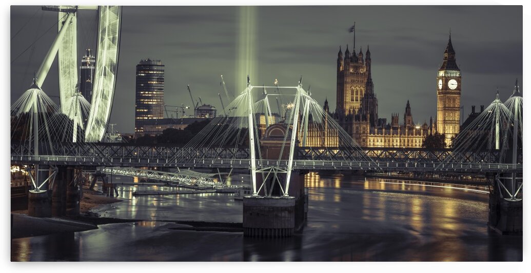 Night view of the London Eye, Golden Jubilee bridge and Westminster, London, UK by Assaf Frank