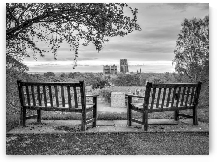 Park benches with Durham Cathedral in background by Assaf Frank
