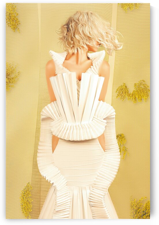 Portrait of a platinum blonde woman wearing a white designer dress made with cardboard in front of a yellow background with mimosas by Artmood Visualz