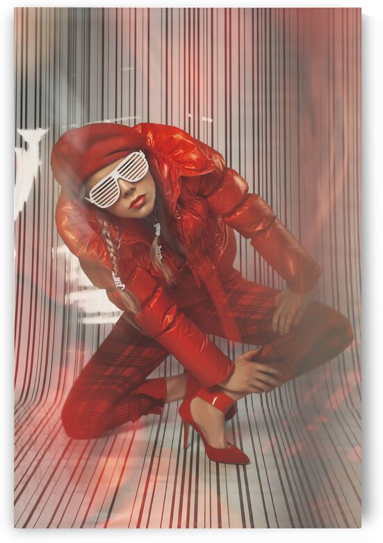 Beautiful blonde fashion model wearing braids in a red outfit with grill glasses posing in a white striped plastic environment by Artmood Visualz