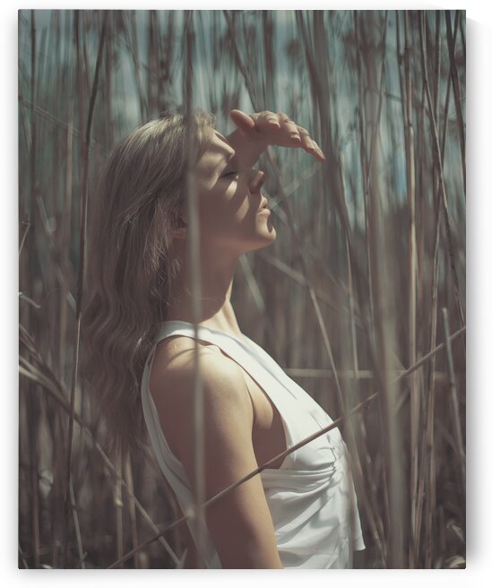 Beautiful young blonde woman wearing a white summer dress standing in a field of reeds blocking the sun with her hand by Artmood Visualz