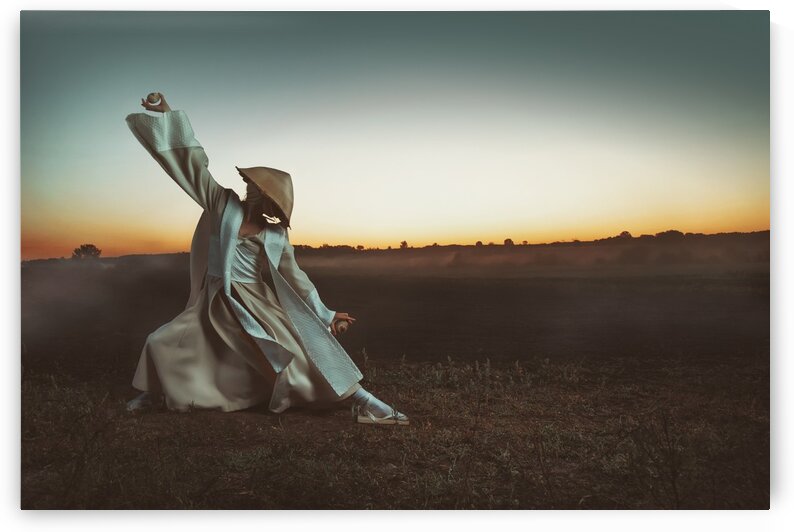 Blonde Asian woman with a long braid doing martial arts in a field in front of a sunrise while holding wooden eggs by Artmood Visualz