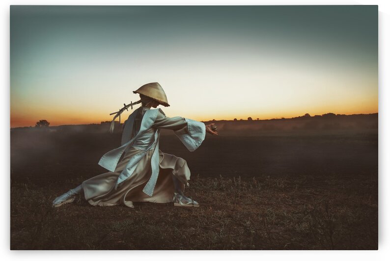 Blonde Asian woman with a long braid doing martial arts in a field in front of a sunrise while holding a wooden egg by Artmood Visualz