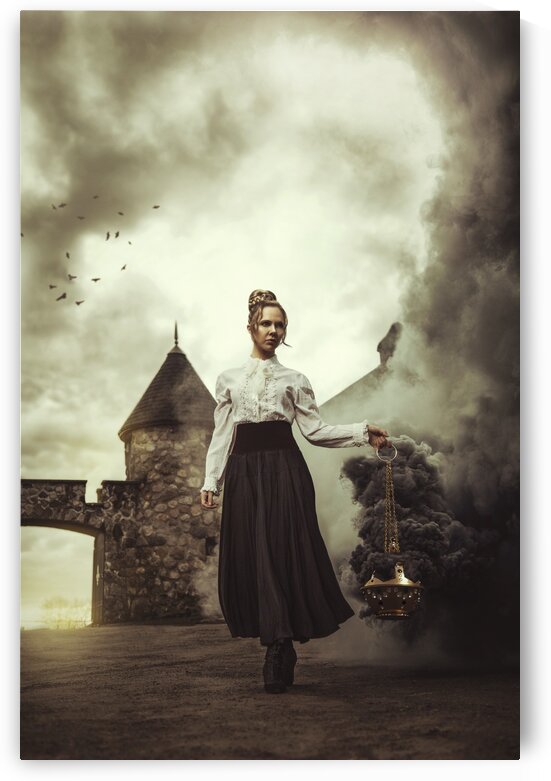 Beautiful young blonde woman from another era in a long classical dress walking in front of a castle while holding a smoking censer that produce a huge swirl of smoke as the morning sun is rising by Artmood Visualz