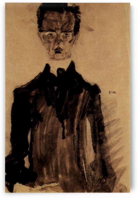 Self Portrait in a black robe by Egon Schiele